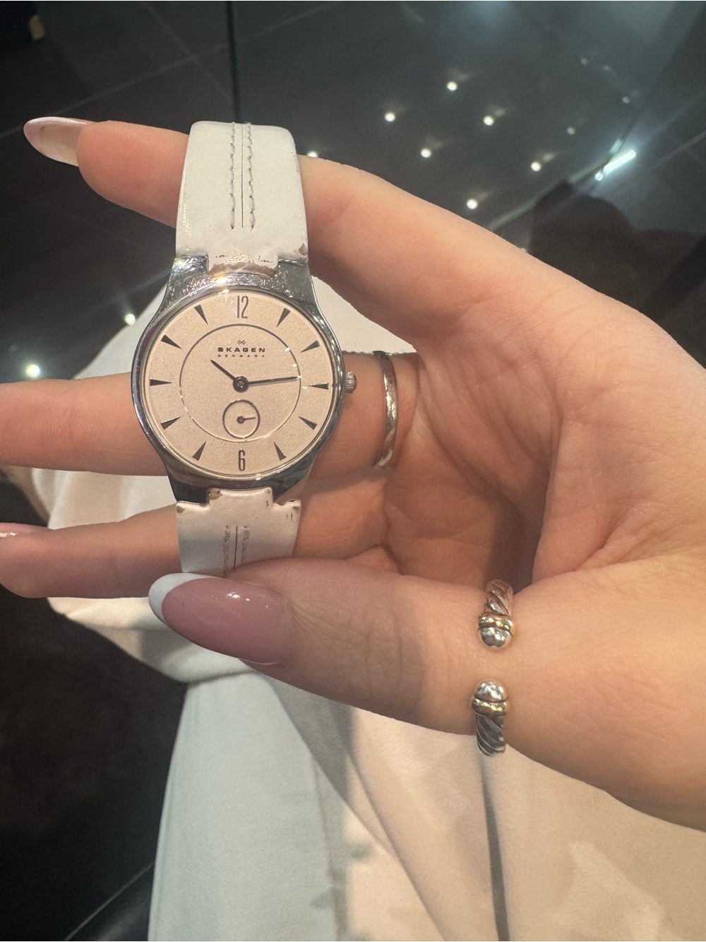 Skagen Denmark Women’s Silver Minimalist Watch with White Leather Band